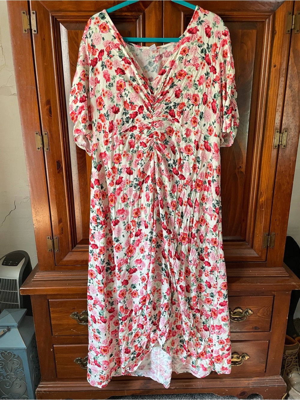 Old Navy White Floral V-Neck Maxi Dress with Pink & Green Print